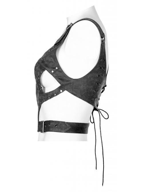 Punk Dark-Grain Woven Design Adjustable Belt Hollow-Out Vest