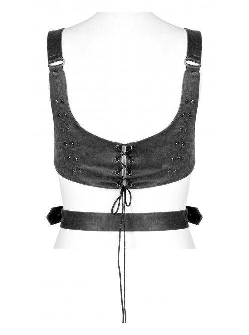 Punk Dark-Grain Woven Design Adjustable Belt Hollow-Out Vest