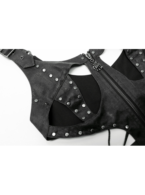 Punk Dark-Grain Woven Design Adjustable Belt Hollow-Out Vest