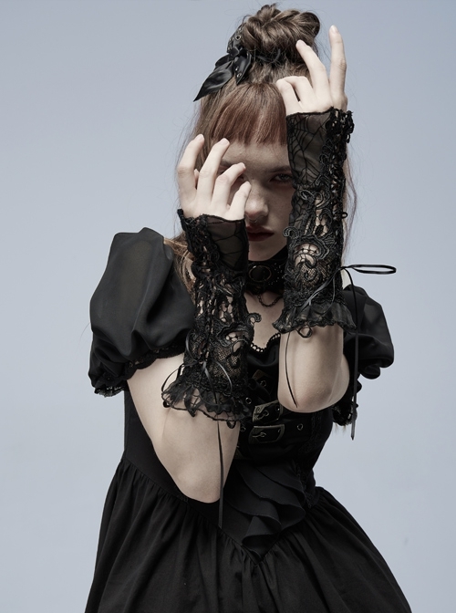 Gothic Spider Stretch Mesh Stitching Adjustable Straps Hollow Out Applique Gloves