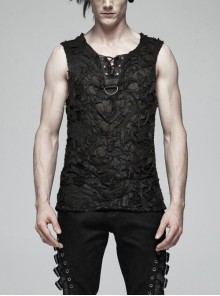 Punk Knitted Hole Design Metal Studs Threading Decoration Black Vest