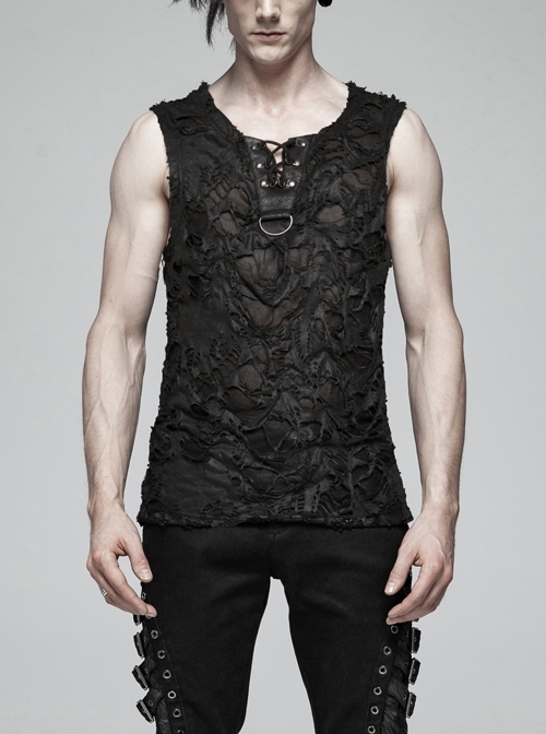 Punk Knitted Hole Design Metal Studs Threading Decoration Black Vest