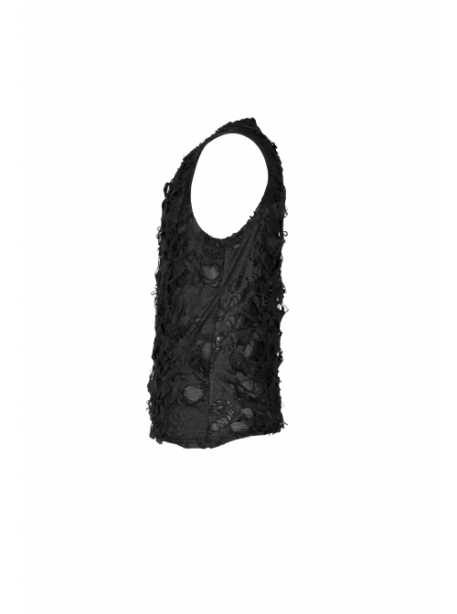 Punk Knitted Hole Design Metal Studs Threading Decoration Black Vest