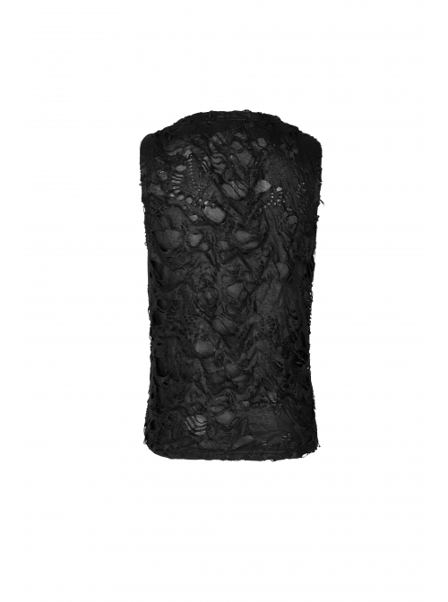 Punk Knitted Hole Design Metal Studs Threading Decoration Black Vest