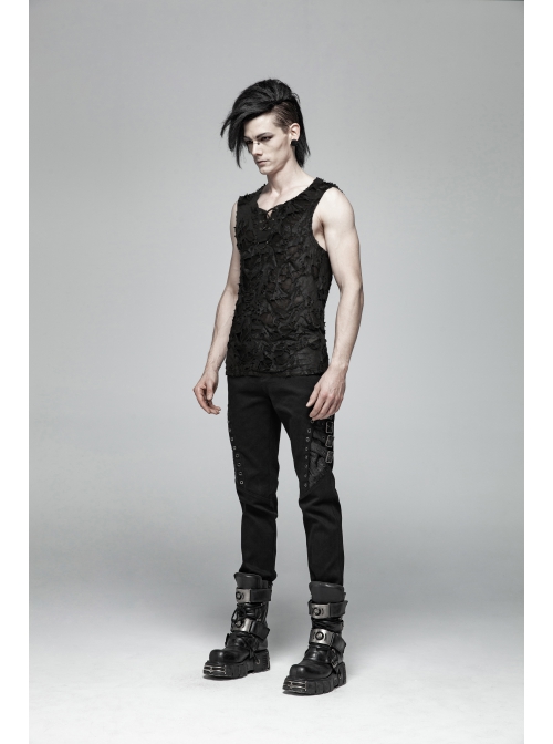 Punk Knitted Hole Design Metal Studs Threading Decoration Black Vest
