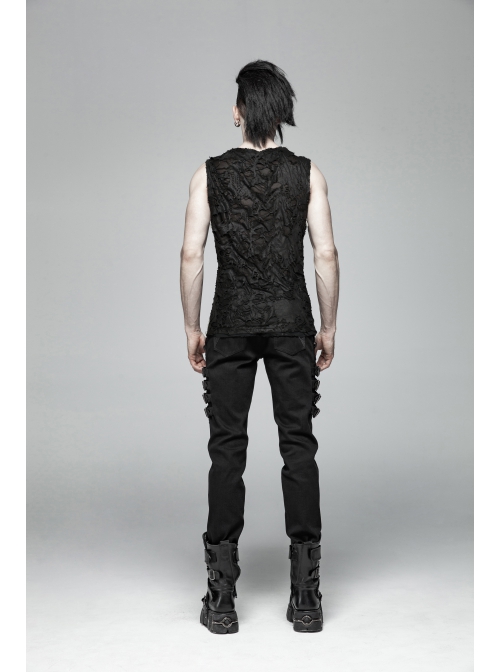 Punk Knitted Hole Design Metal Studs Threading Decoration Black Vest