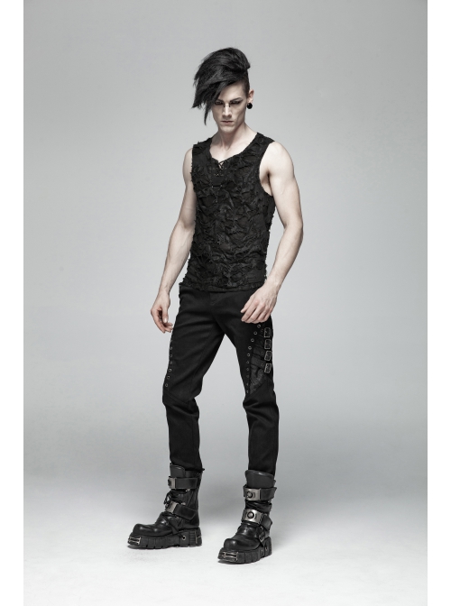 Punk Knitted Hole Design Metal Studs Threading Decoration Black Vest