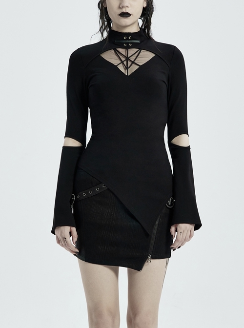 Gothic Stretch Knitted Fabric Spliced Geometric Mesh Design Long Sleeve T-Shirt