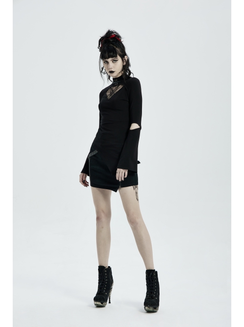 Gothic Stretch Knitted Fabric Spliced Geometric Mesh Design Long Sleeve T-Shirt