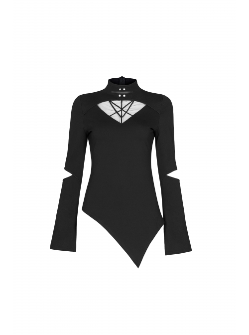 Gothic Stretch Knitted Fabric Spliced Geometric Mesh Design Long Sleeve T-Shirt