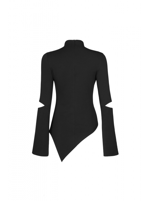 Gothic Stretch Knitted Fabric Spliced Geometric Mesh Design Long Sleeve T-Shirt