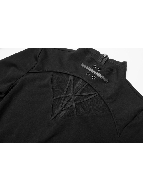Gothic Stretch Knitted Fabric Spliced Geometric Mesh Design Long Sleeve T-Shirt