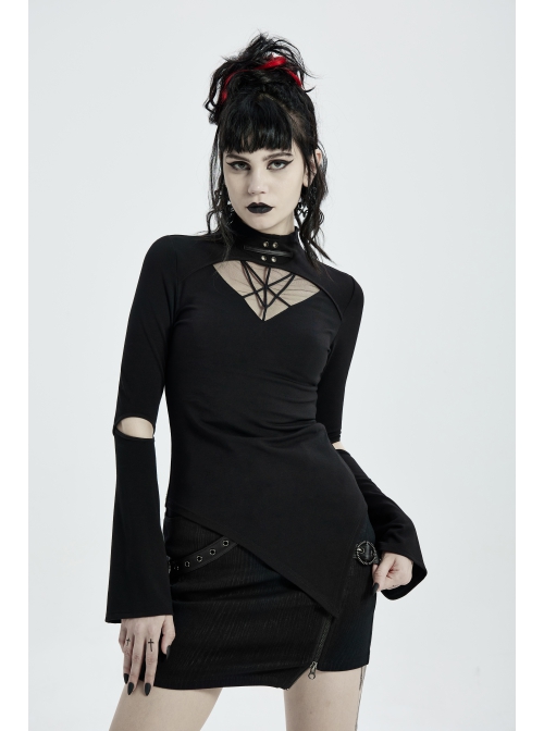 Gothic Stretch Knitted Fabric Spliced Geometric Mesh Design Long Sleeve T-Shirt