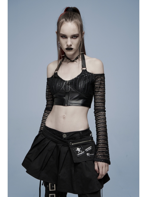 Gothic Stretch Knitted Mesh Off-Shoulder Design Sexy Crop Top