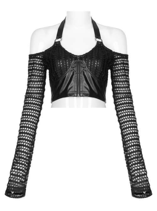 Gothic Stretch Knitted Mesh Off-Shoulder Design Sexy Crop Top