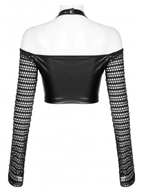 Gothic Stretch Knitted Mesh Off-Shoulder Design Sexy Crop Top