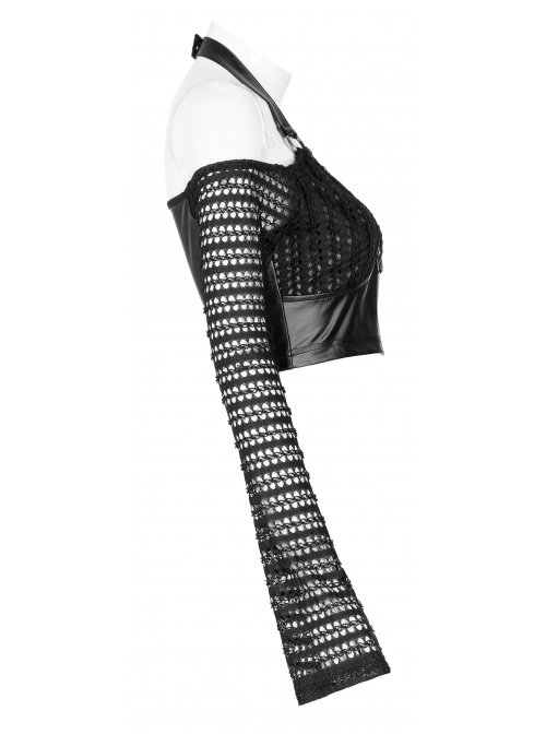 Gothic Stretch Knitted Mesh Off-Shoulder Design Sexy Crop Top