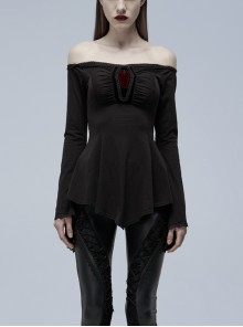 Gothic Stretch Cotton Slash Neck Off-Shoulder Neckline Pleats Design A-Line Long-Sleeve T-Shirt
