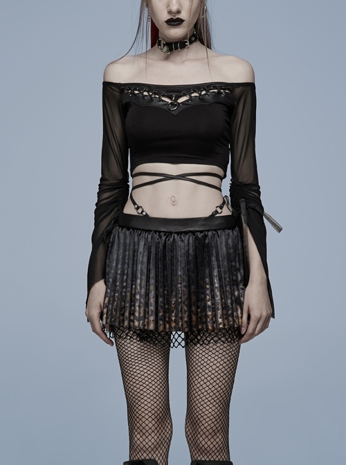 Gothic Elasticity Cotton Neckline Hollow Buttonhole Strap Design Cut-Out Slash Neck T-Shirt