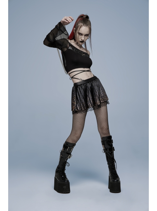 Gothic Elasticity Cotton Neckline Hollow Buttonhole Strap Design Cut-Out Slash Neck T-Shirt