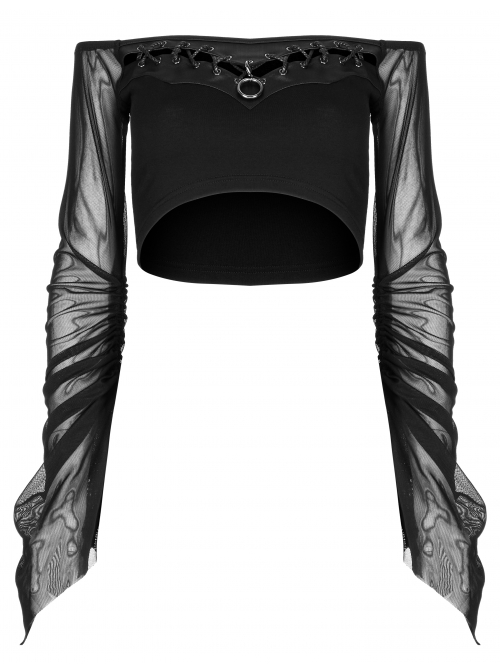 Gothic Elasticity Cotton Neckline Hollow Buttonhole Strap Design Cut-Out Slash Neck T-Shirt