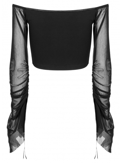 Gothic Elasticity Cotton Neckline Hollow Buttonhole Strap Design Cut-Out Slash Neck T-Shirt