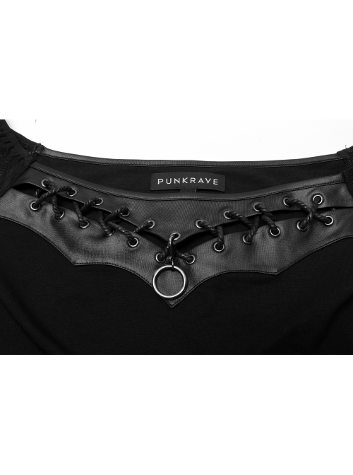 Gothic Elasticity Cotton Neckline Hollow Buttonhole Strap Design Cut-Out Slash Neck T-Shirt