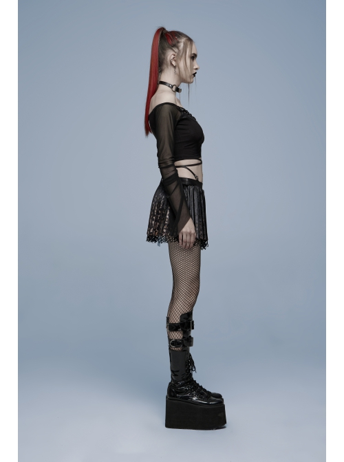 Gothic Elasticity Cotton Neckline Hollow Buttonhole Strap Design Cut-Out Slash Neck T-Shirt