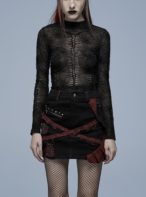Gothic Elastic Flocking Mesh Rhombus Mesh Stitching Spider Web Printing Perspective T-Shirt
