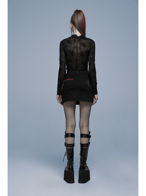 Gothic Elastic Flocking Mesh Rhombus Mesh Stitching Spider Web Printing Perspective T-Shirt