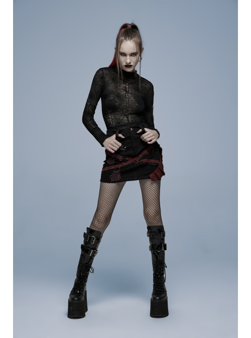 Gothic Elastic Flocking Mesh Rhombus Mesh Stitching Spider Web Printing Perspective T-Shirt