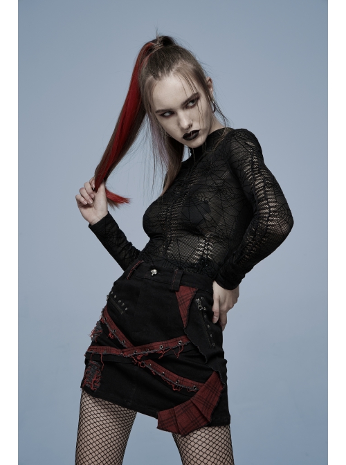Gothic Elastic Flocking Mesh Rhombus Mesh Stitching Spider Web Printing Perspective T-Shirt