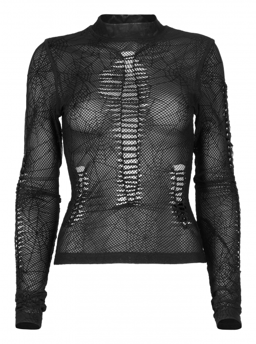 Gothic Elastic Flocking Mesh Rhombus Mesh Stitching Spider Web Printing Perspective T-Shirt