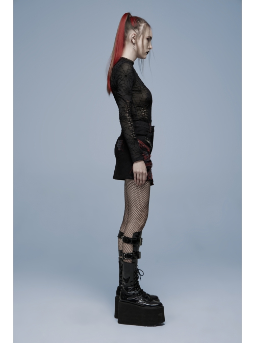 Gothic Elastic Flocking Mesh Rhombus Mesh Stitching Spider Web Printing Perspective T-Shirt