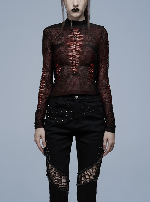 Gothic Elastic Flocking Mesh Rhombus Mesh Stitching Spider Web Printing Perspective T-Shirt
