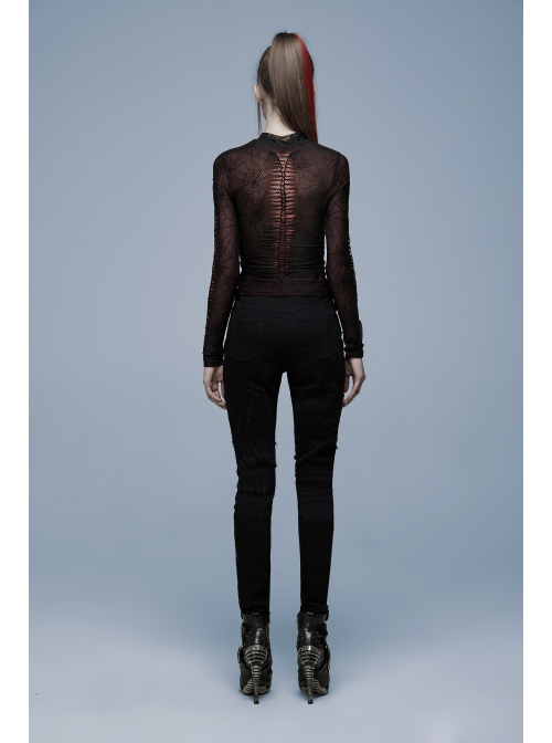 Gothic Elastic Flocking Mesh Rhombus Mesh Stitching Spider Web Printing Perspective T-Shirt