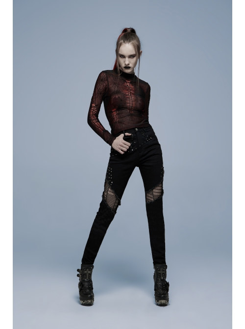 Gothic Elastic Flocking Mesh Rhombus Mesh Stitching Spider Web Printing Perspective T-Shirt