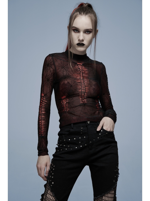 Gothic Elastic Flocking Mesh Rhombus Mesh Stitching Spider Web Printing Perspective T-Shirt