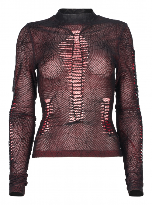 Gothic Elastic Flocking Mesh Rhombus Mesh Stitching Spider Web Printing Perspective T-Shirt