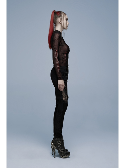 Gothic Elastic Flocking Mesh Rhombus Mesh Stitching Spider Web Printing Perspective T-Shirt