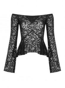 Black Gothic Stretch Perspective Off-Shoulder Design Lace Blouse