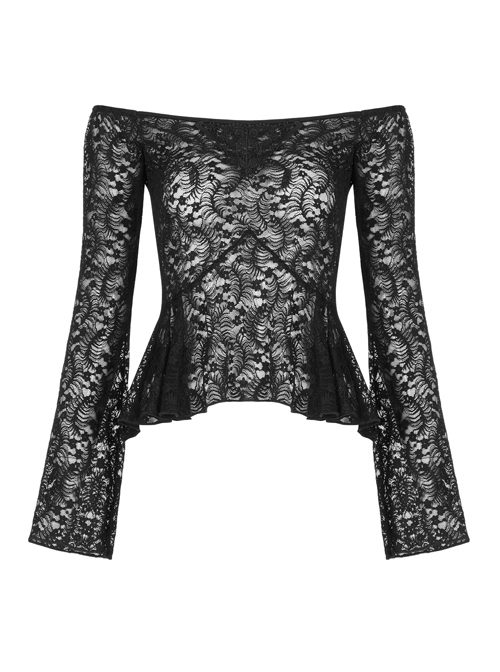 Black Gothic Stretch Perspective Off-Shoulder Design Lace Blouse