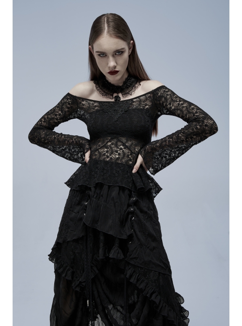 Black Gothic Stretch Perspective Off-Shoulder Design Lace Blouse