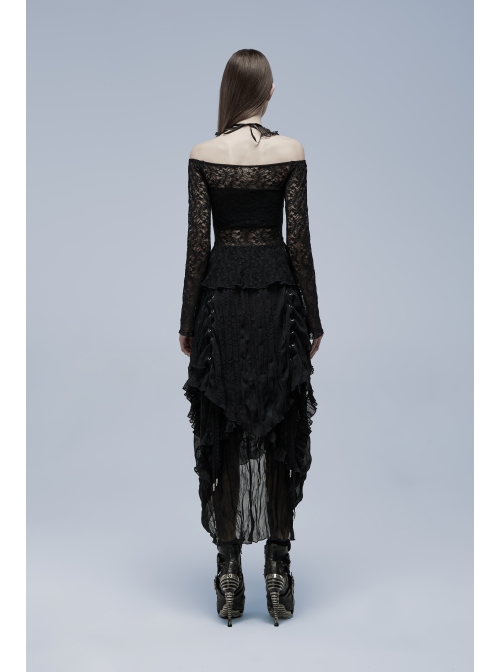 Black Gothic Stretch Perspective Off-Shoulder Design Lace Blouse