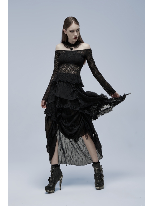 Black Gothic Stretch Perspective Off-Shoulder Design Lace Blouse