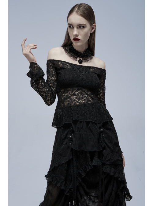 Black Gothic Stretch Perspective Off-Shoulder Design Lace Blouse