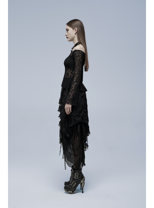 Black Gothic Stretch Perspective Off-Shoulder Design Lace Blouse