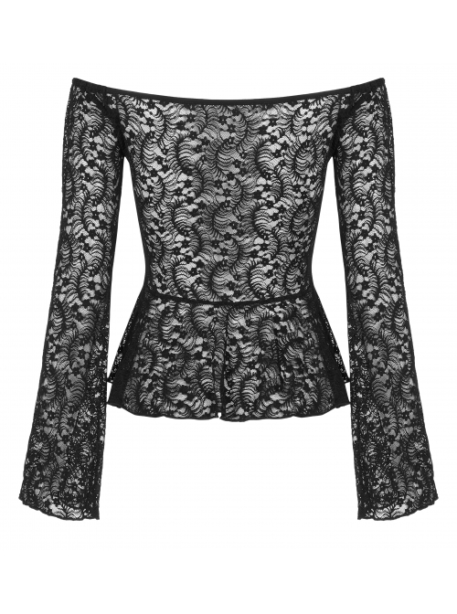 Black Gothic Stretch Perspective Off-Shoulder Design Lace Blouse