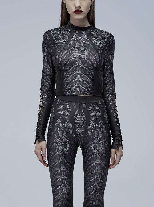 Gothic Perspective Elasticity Skeleton Print Cross Tie Rope Design Mesh T-Shirt
