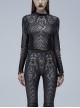 Gothic Perspective Elasticity Skeleton Print Cross Tie Rope Design Mesh T-Shirt